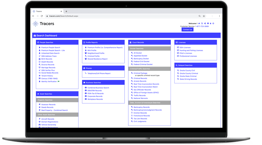 A laptop screen view of Tracers’ skip tracing software interface