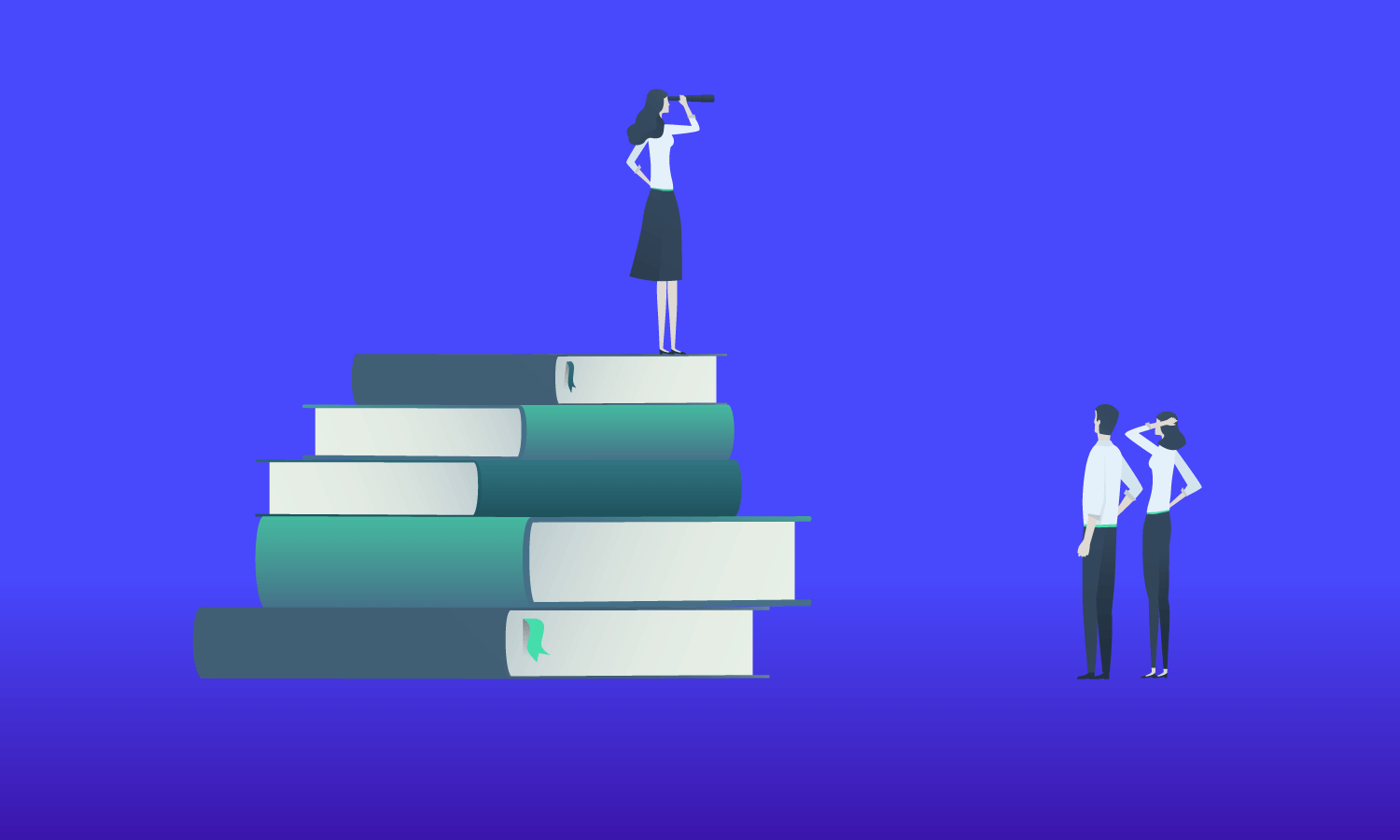A graphic depicting a woman standing on a pile of law books looking in the distance with two people looking up at her.