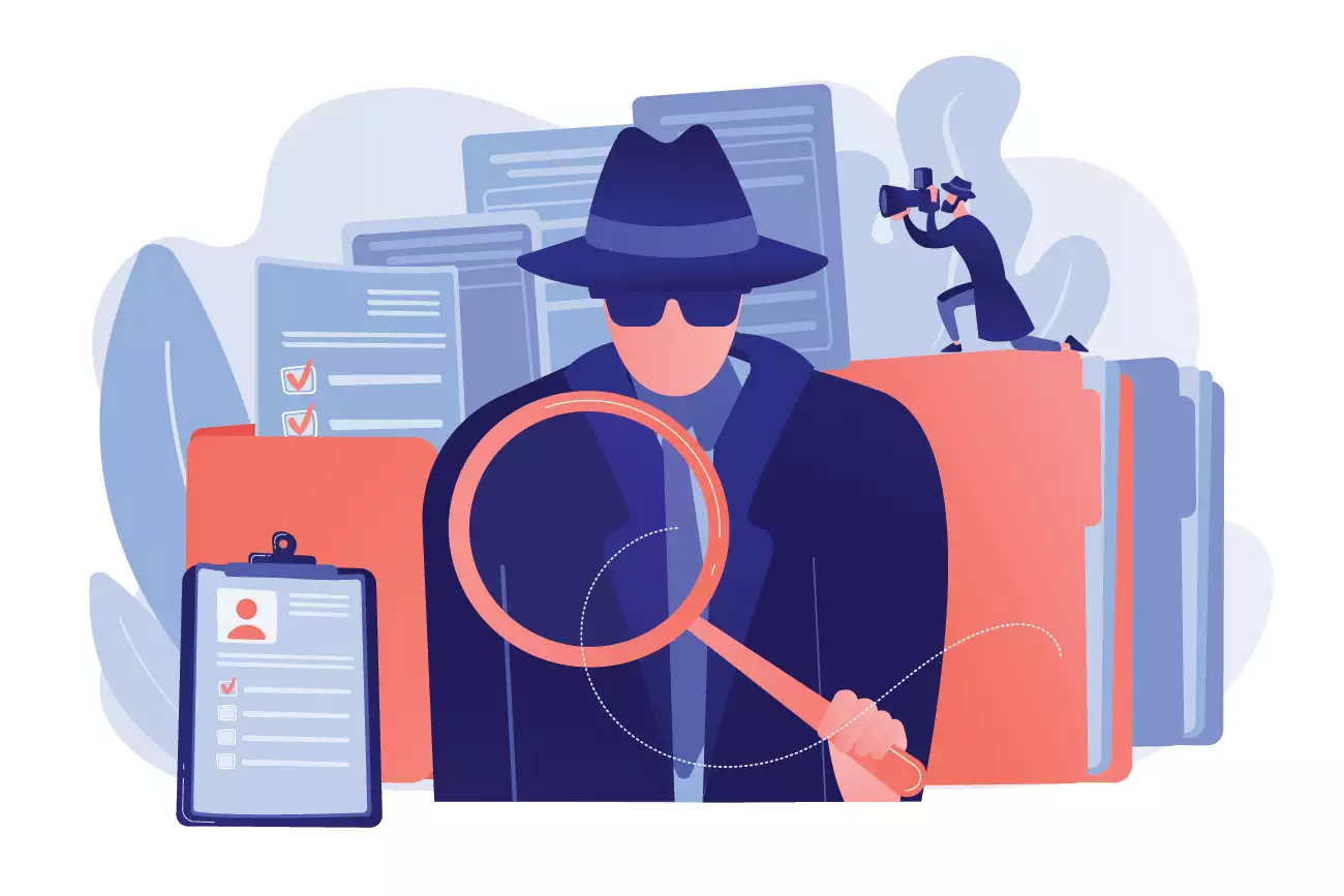 Private investigator with magnifying glass and documents